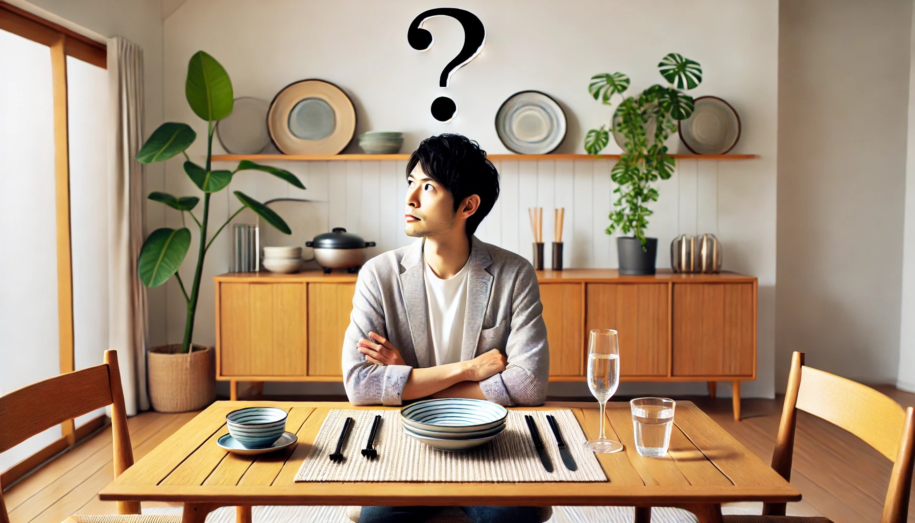 疑問について考えている男性　ハテナ？の表情